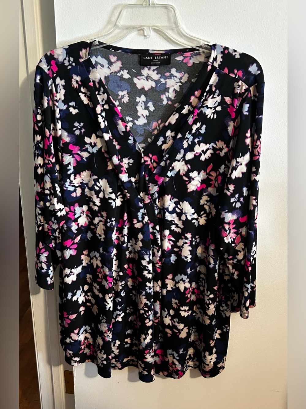 Lane Bryant Blue V-Neck Floral Blouse with Pink & White Accents